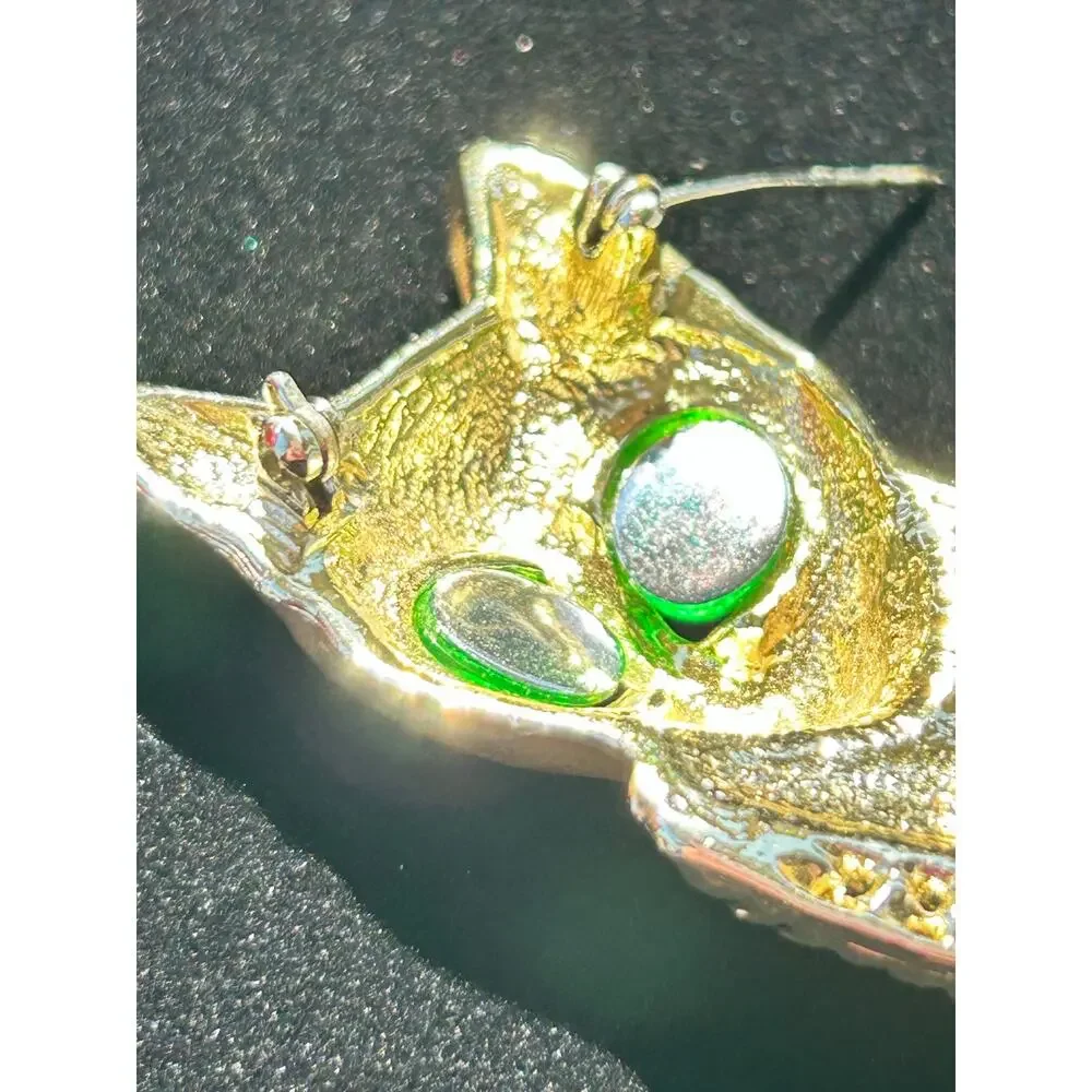 Vintage AJC Egyptian Cat Brooch Gold Tone Matte Finish Green Eyes Pin